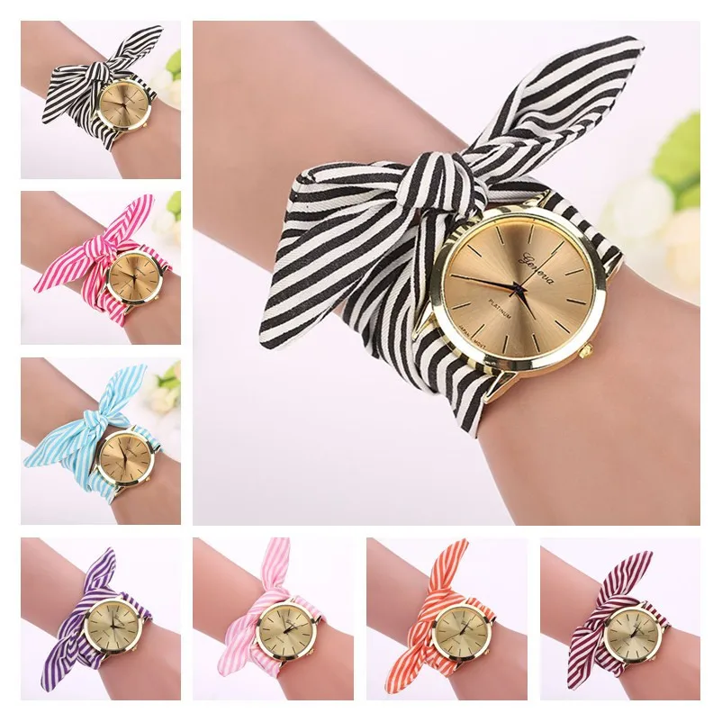

Women Girl Watches New Fashion bow-knot Stripe Floral Cloth Quartz Bracelet Wristwatch Luxury Ladies Dress Clock reloj mujer /D