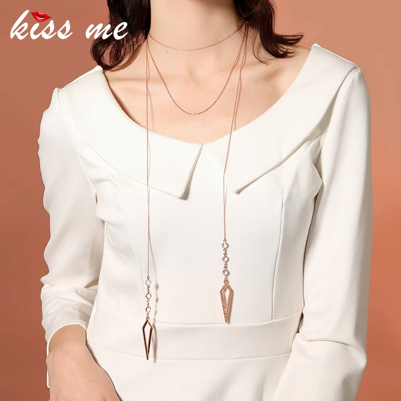

KISS ME New Silver Rose Gold Color Alloy Chain Long Necklace Trending Style Geometric Crystal Necklaces for Women Luxury Jewelry