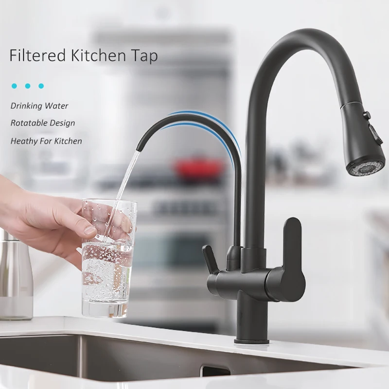  Quyanre Matte Black Filtered Crane For Kitchen Pull Out Spray 360 Rotation Water Filter Tap Three W - 32981734222