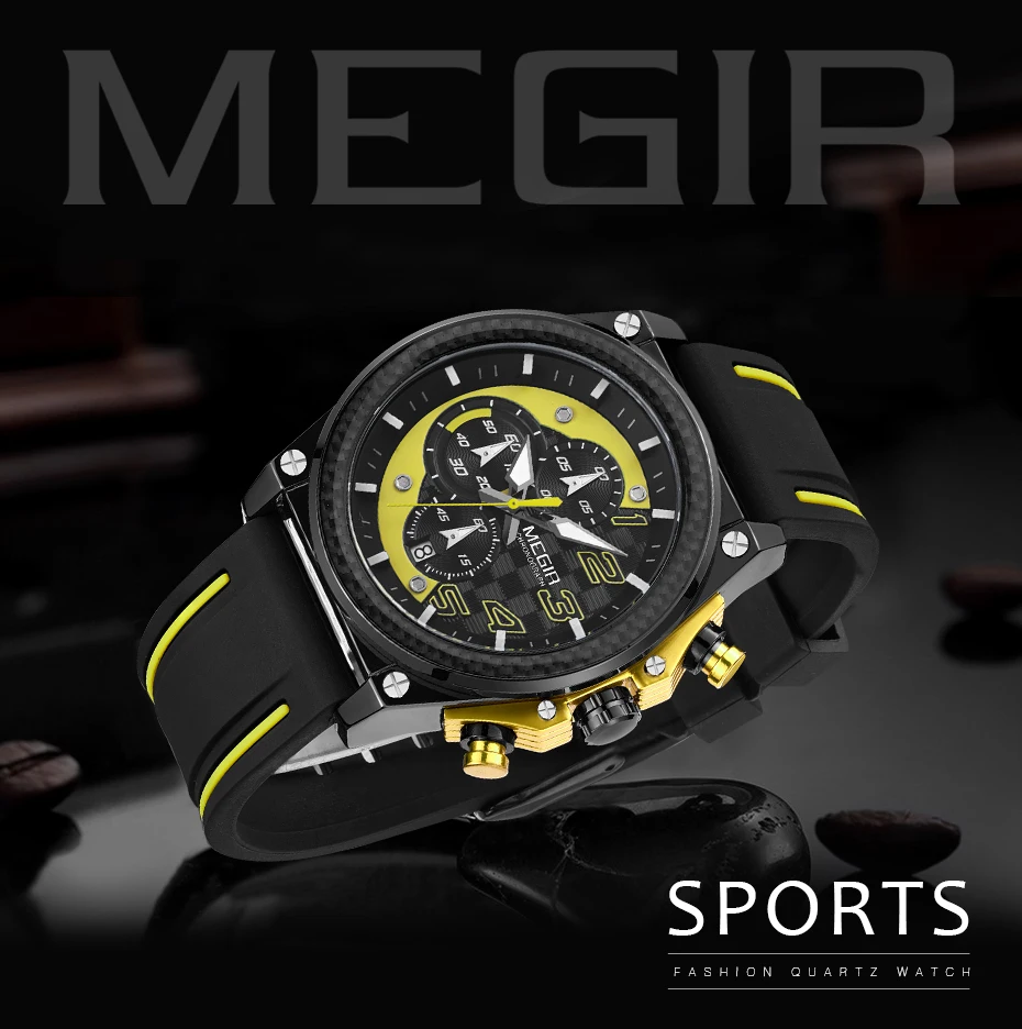 Megir Мужские кварцевые часы с хронографом для мужчин водонепроницаемые светящиеся наручные часы с резиновым ремешком для мальчиков 2051G-1N8
