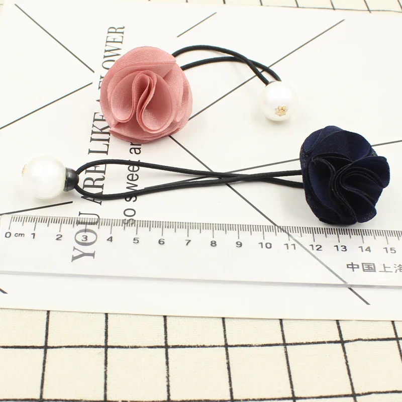 

2017 New Pearls Fabric Roses Flower Black Elastic Ponytail Holders Headwear Hair Accessories Girl Women Rubberbands Tie Gum