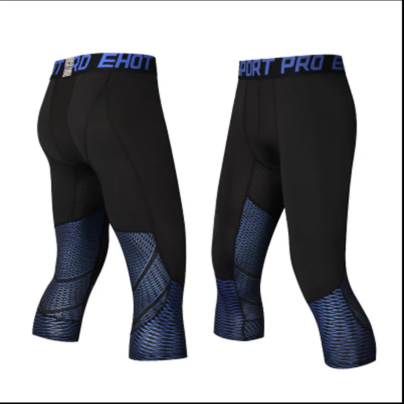 Мужские Компрессионные Леггинсы для спортзала 3/4 брюки быстросохнущие эластичные штаны для бега Штаны для фитнеса Обтягивающие Леггинсы Спортивная одежда для бега - Цвет: Blue
