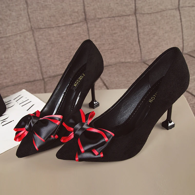 De Pompes Talons Hauts Femme Partie vin Femmes Vintage Dîner Chaussures Automne Femelle Vin Rouge Papillon noeud 2018 Agréable Noir Nouvelles 5ARj4L