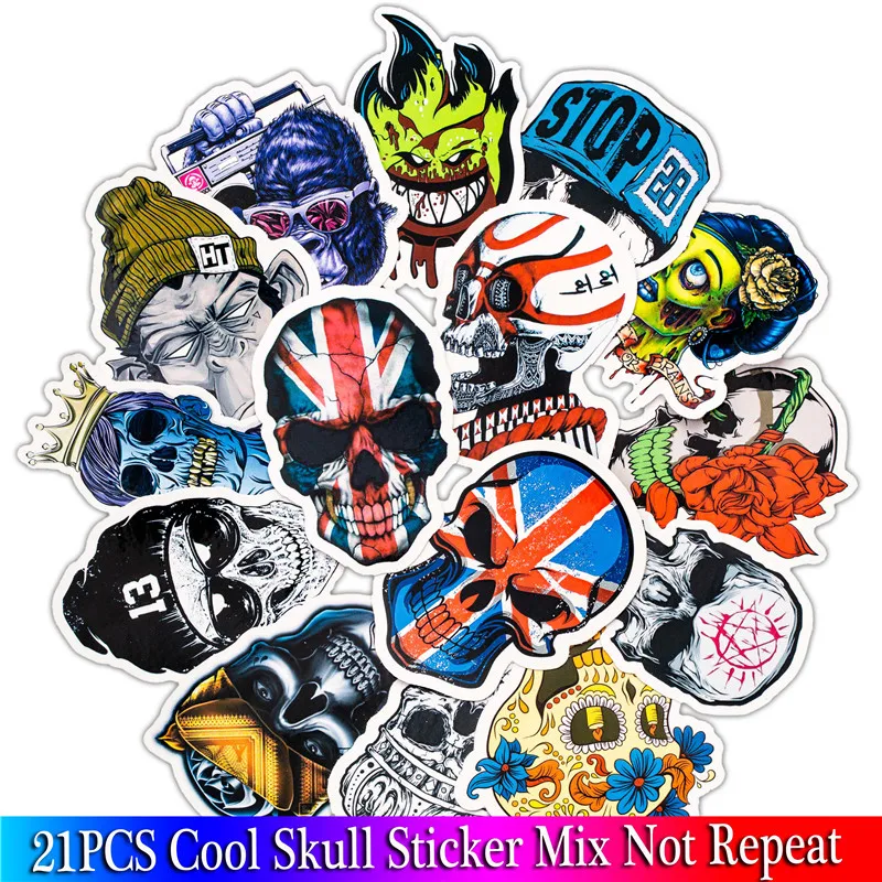 

21Pcs Punk Cool Skull Sticker For Luggage Car Laptop Bicycle Motorcycle Notebook Laptop Toys Stickers Pack Sets