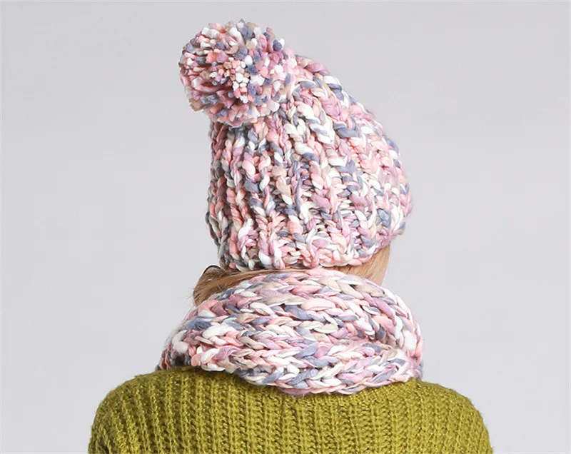 Климат Для женщин зимняя шапка и шарф теплый комплект для девочек леди вязать помпоном шапочка Sacrf устанавливает Для женщин капота