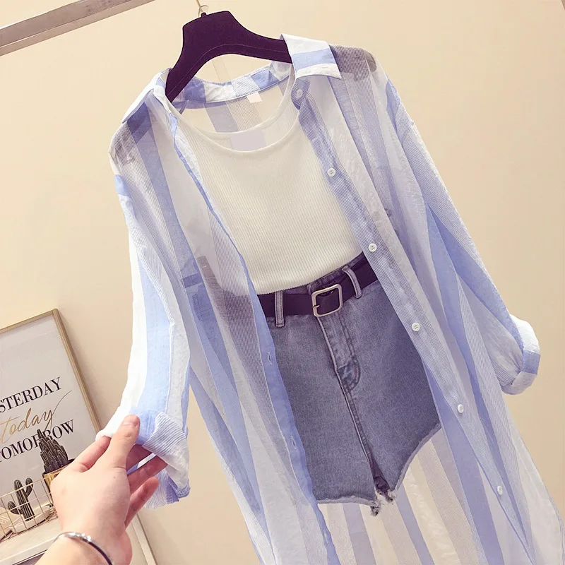 

Blouses Casual Shirt Women Striped Blue And White Blouse Women Long Sleeves Shirt Female 2018 Spring Long Section Sunscreen