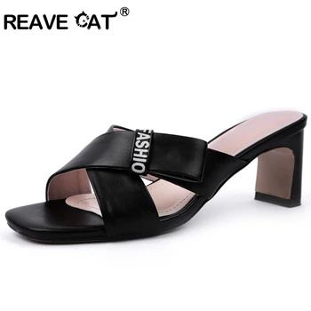 

REAVE CAT Shoes woman Summer slipper Middle square heel Slip on Microfiber Black White Square toe Plus size 32-43 Casual PA2005