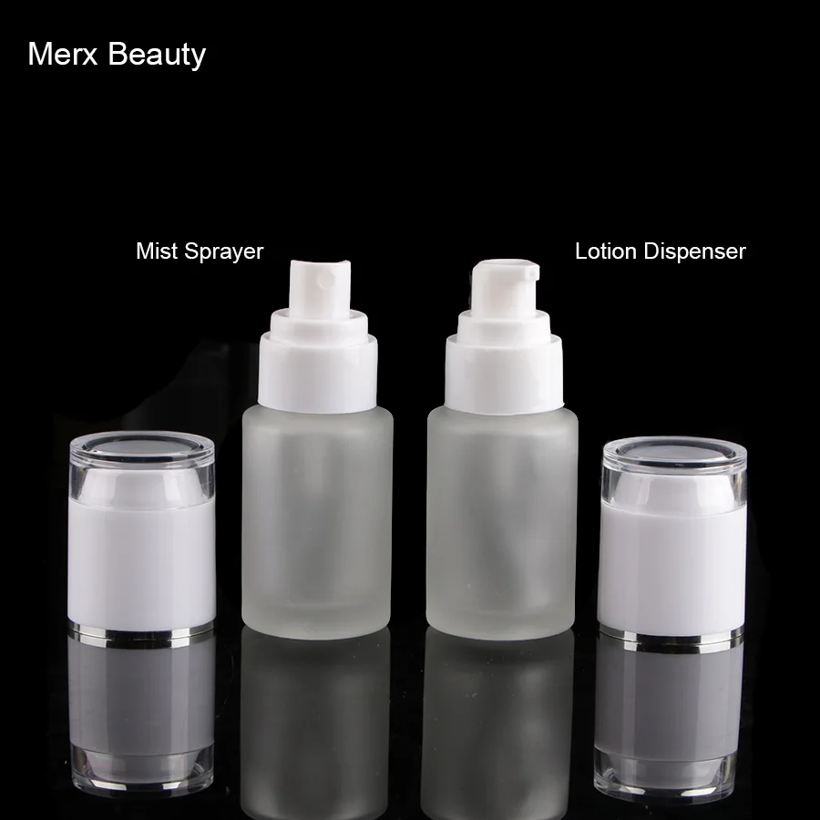 

50pcs 30ml frosted transparent glass cosmetic bottle with press lotion dispenser fine mist sprayer pump, Merx Beauty