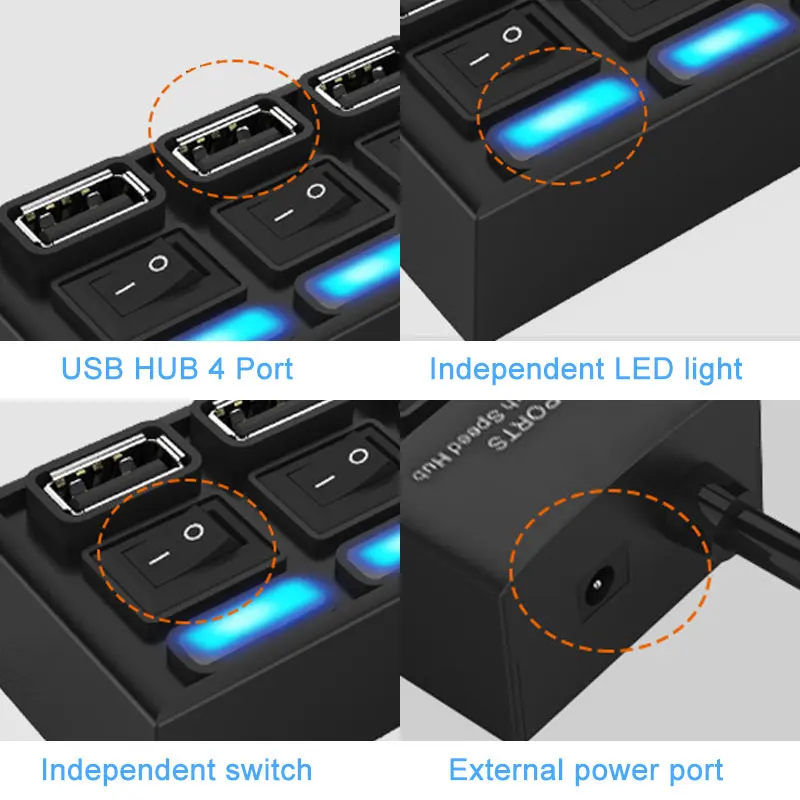 Usb-хаб 2,0 4/7 порт портативный USB 2,0 концентратор мультиразветвитель с переключателем вкл/выкл или ЕС/США адаптер питания для ноутбука MacBook