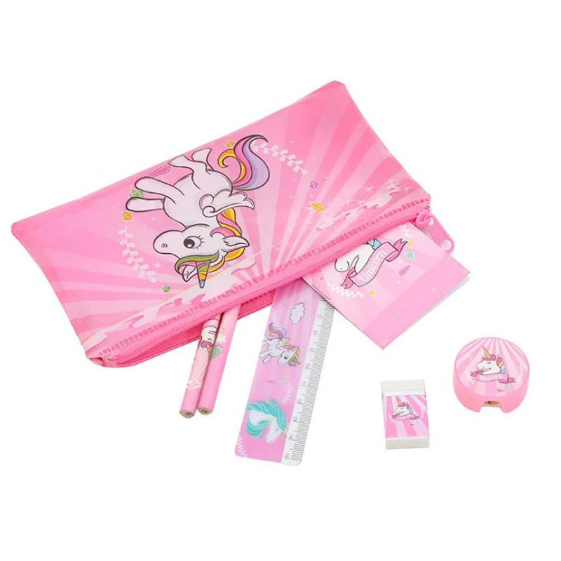 

1 Set Kawaii Unicorn Pencil Case Pencil Bag with Ruler Eraser Pencil Sharpener Memo Pad Set Kids Gift Office School Stationery