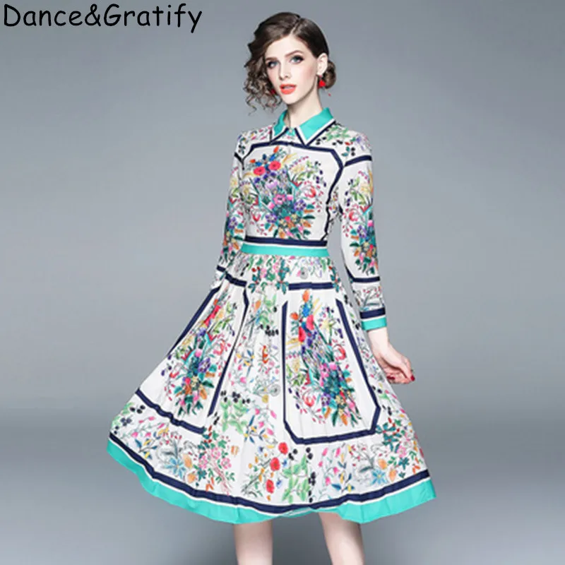 

Designer Runway New 2019 Print Dress Summer New High-end European American Lapel Retro Ol Slim Party Dress