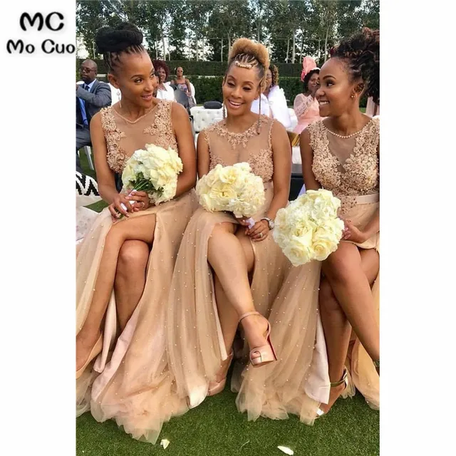 champagne wedding dress with bridesmaids