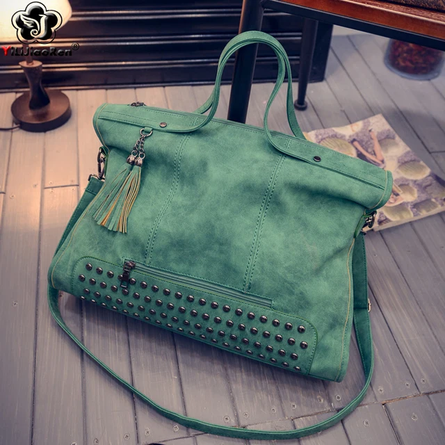 Fashion Rivet Women Handbags High Quality Nubuck Leather Ladies Hand Bags Large Shoulder Bag Luxury Handbags Women Bags Designer Green
