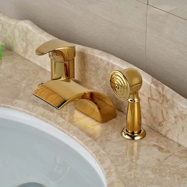 Widespread Golden Brass Waterfall Bathroom Tub Faucet 3 pcs Mixer Tap Shower | Обустройство дома