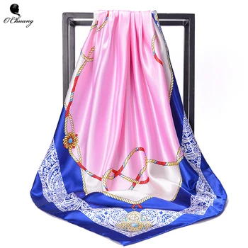 

O CHUANG Women Silk Scarf 90*90cm Fashion bandana Female Pattern Satin Big Size hijab Square hair scarf for sleeping
