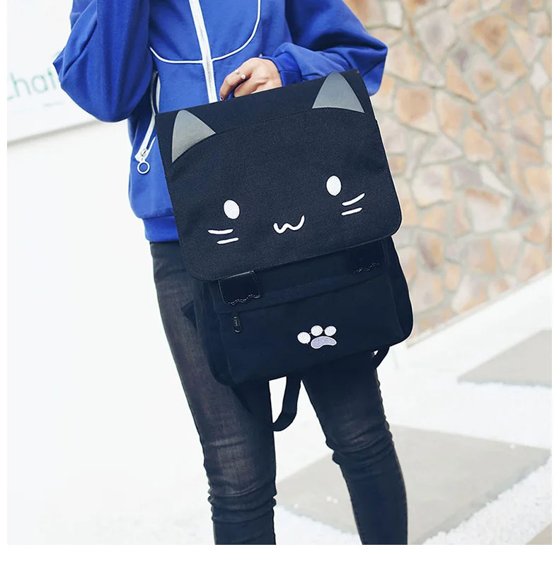 Kawaii Black Kitty Canvas Backpack - Kuru Store