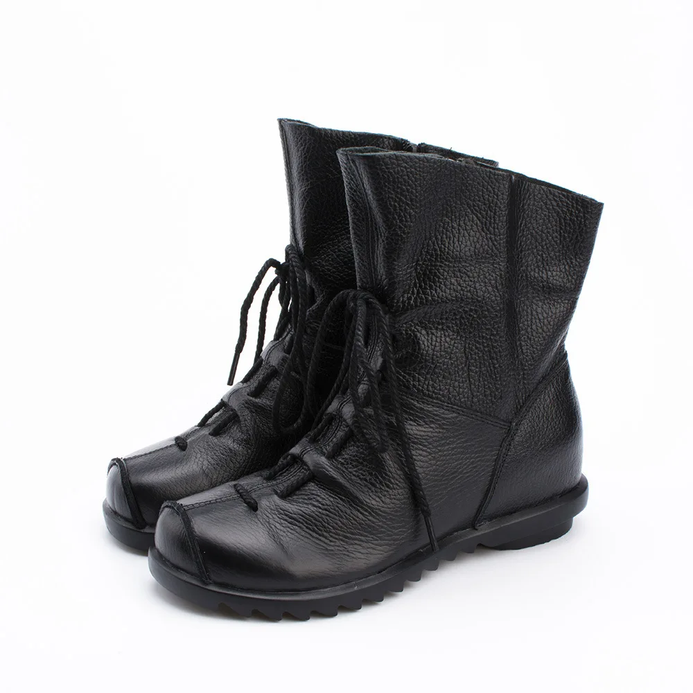 

2018 Vintage Genuine Leather Women Boots Flats Booties Soft Cowhide Women's Shoes Side Zip Ankle Boots zapatos mujer