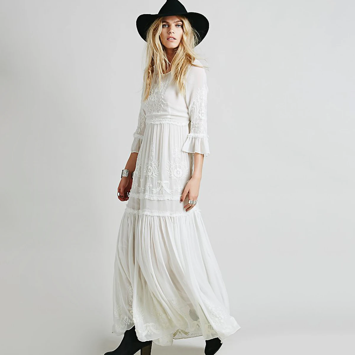 Manches Blanc Robe Broderie O 2019 Flare Cou Longue Chic