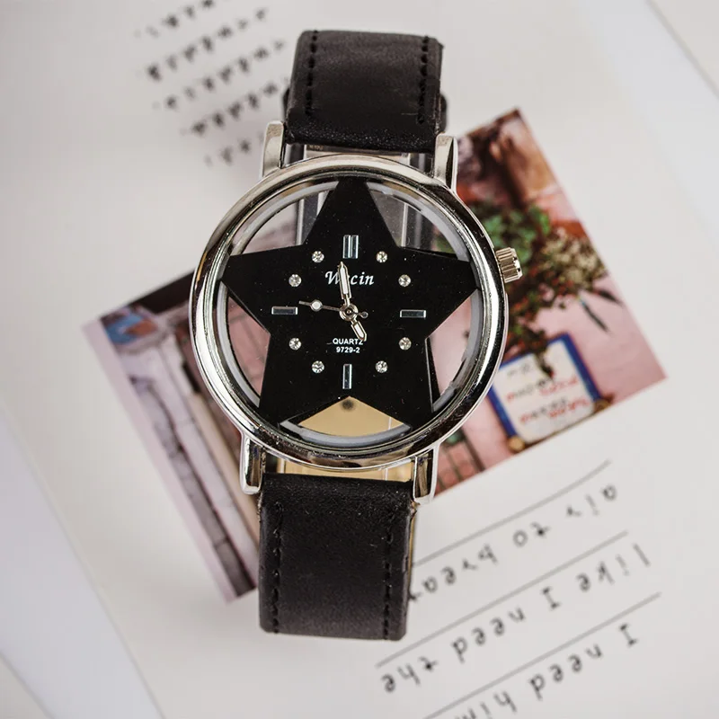 

Casual 42mm White Black Star Watch Dial Ladies Quartz Watch Leather Band Women's Wristwatch relogio feminino Damski zegarek Q16