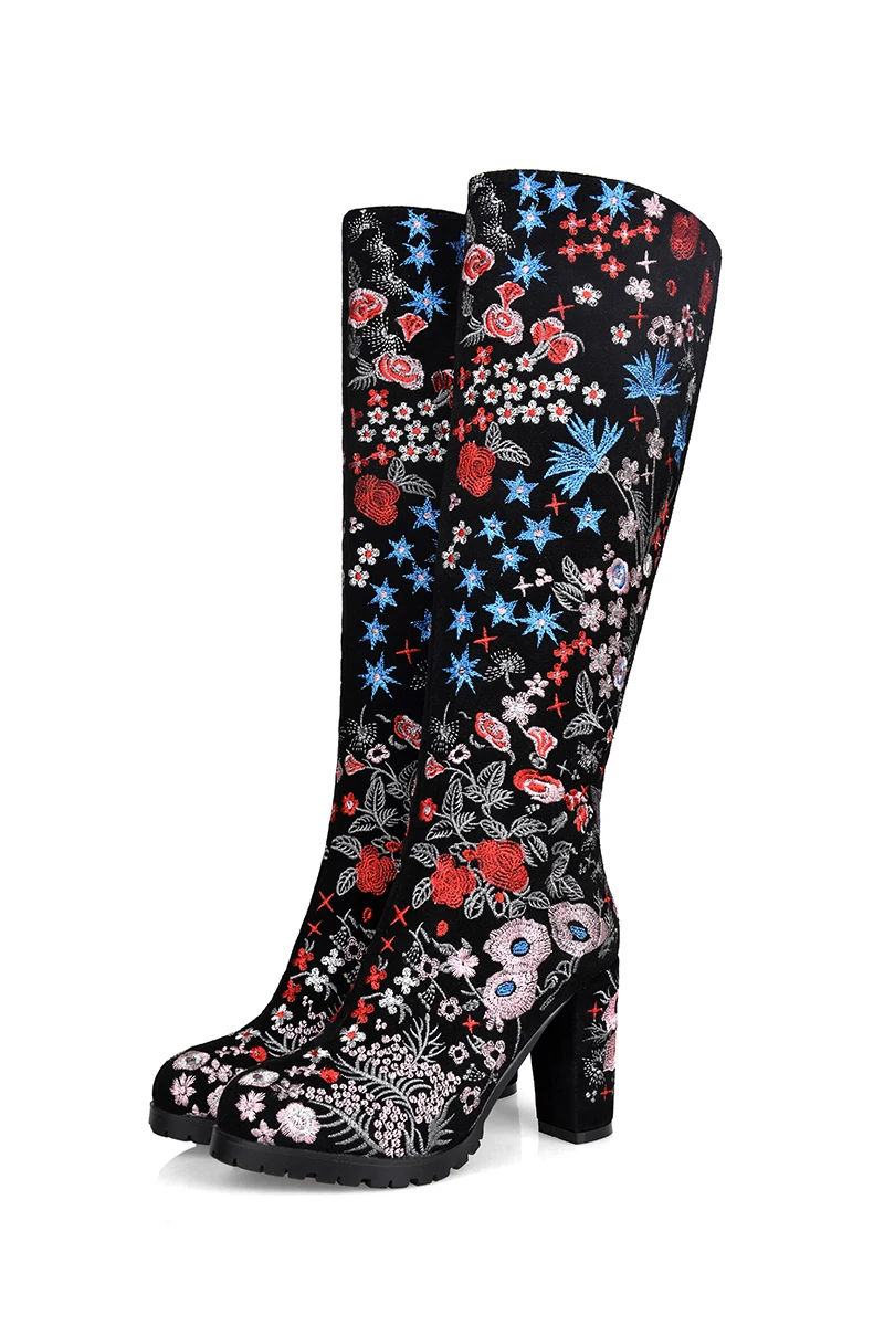 Gorgeous Women Knee-High Boots Stylish Embroidery Round Toe Square Heels High-quality Black Shoes Woman US Size 4-10.5