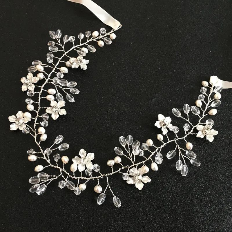 SLBRIDAL Серебряные Кристаллы Стразы пресноводный жемчуг Цветочные Свадебные аксессуары для волос повязка на голову для невесты женские украшения