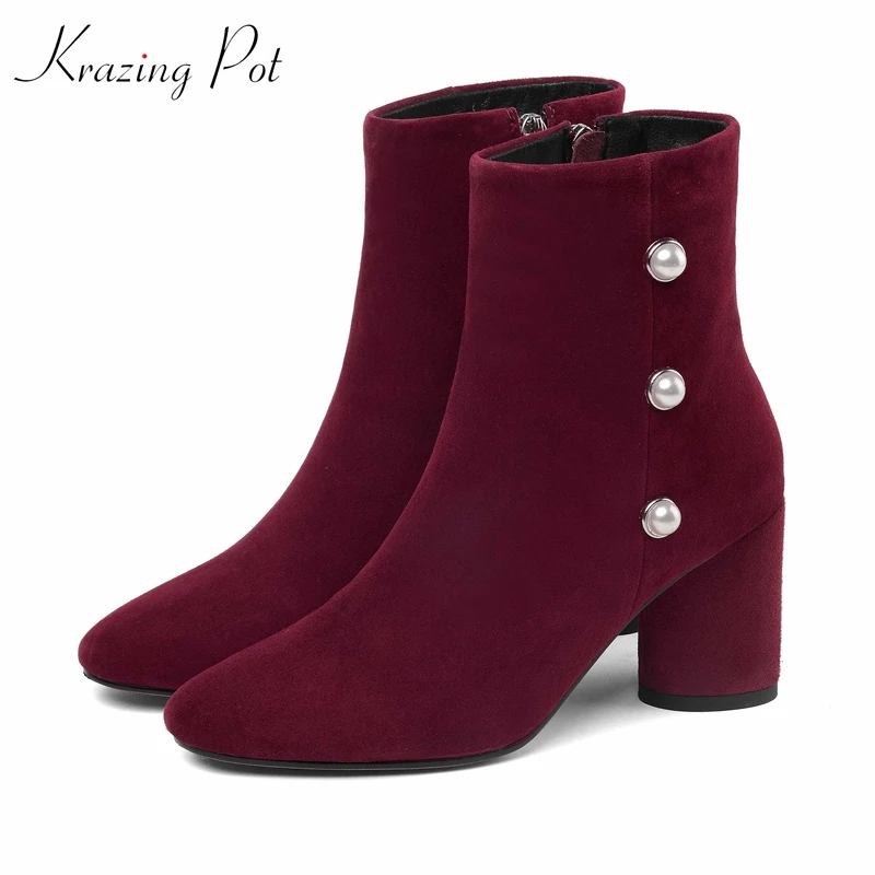 

Krazing pot 2019 sheep suede round toe pearl-studded superstar women gladiator thick round high heels keep warm ankle boots L01
