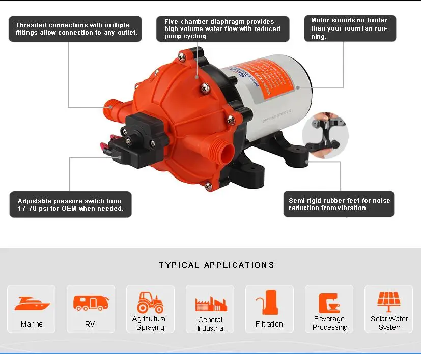 Горячая морской& RV оборудование 5 Камера Мембранный Водяной насос 60PSI 18.9L/мин