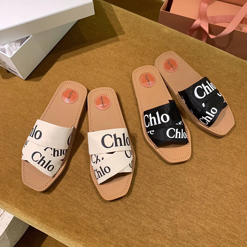 

Summer 2019 New Fashion Letters Decors Flats Sandals Women Band Square Toe Beach Shoes Woman Slip On Women Slides