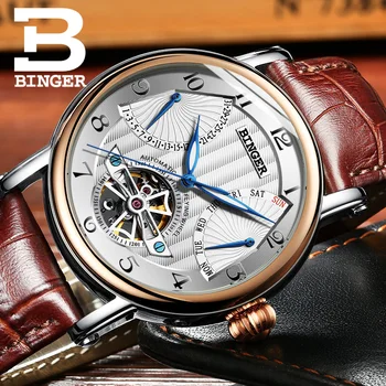 

Switzerland BINGER Tourbillon Mechanical Watch Men Sapphire Calendar Week Luminous Genuive Leather Strap Big dial Montre homme
