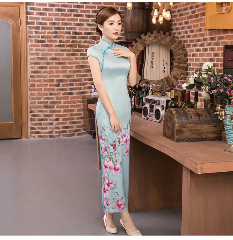 Sheng Coco Китайский ветер длинное шелковое Qipao платье с цифровым принтом Qipao Cheongsam платья светло-голубые китайское винтажное вечернее платье