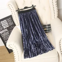 Женские осенние юбки плиссированные юбки Эластичная Высокая талия Faldas Mujer блестящий цвет бархатная юбка до середины икры Длинная женская юбка макси