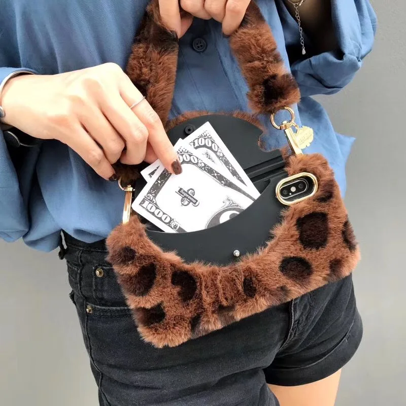 

For iphone X XR XS MAX 7 8 6 6S plus case cover luxury warm leopard fur wallet card with fur strap soft silicone phone bag capa