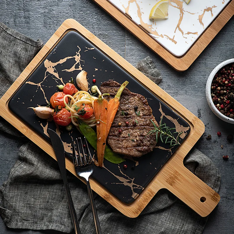 

Food Steak Marble Dinner Plates with Wooden Tray Nordic Plate Salad Dish Nordic Style Home Decorative Tableware Plate
