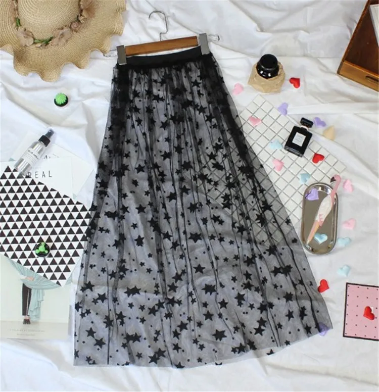 

Women Stars Long Midi Skirt Summer Korean Ladies Sexy Vintage High Waist Transparent Mesh Lace White Black A-Line Skirts Female