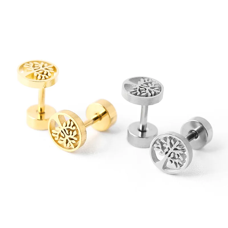 

Simple Double Sided Gold Color Stainless Steel Ear Stud Cuff Earrings for Women Men Trendy Hollow Tree of Life Earrings Ears