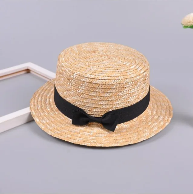 Summer Parent-child Bowknot Sun Hat Girls Straw Cap Kids Large Brim Beach Summer Boater Beach Ribbon Round Flat Top Cute Child - Цвет: 1