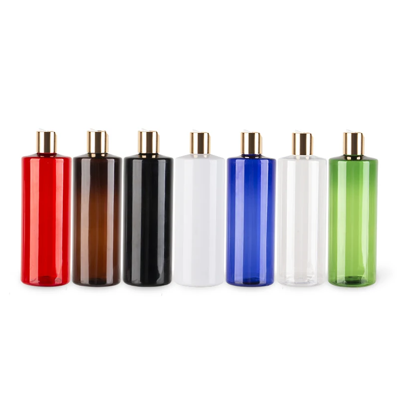 

500ml X 15 White Black Empty Plastic Shampoo Bottle Gold Disc Top Cap 17 OZ PET Refillable Body Lotion Cream Brown Blue Bottles