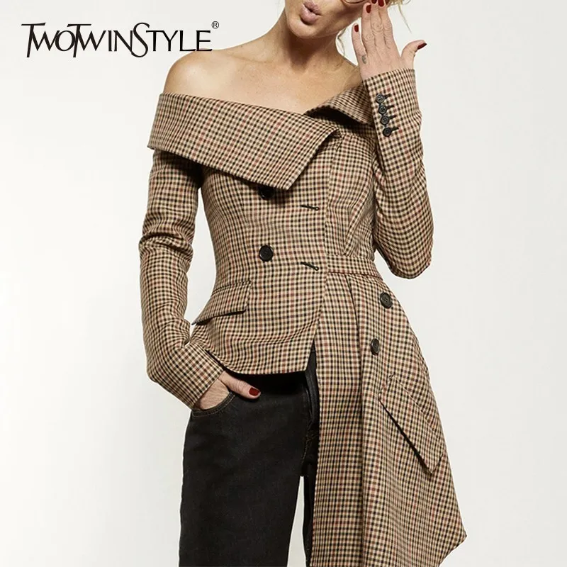 

TWOTWINSTYLE Plaid Blazer Tops Female Irregular Patchwork Slash Neck Long Sleeve Lace up Women Jacket Coat 2019 Autumn Fashion