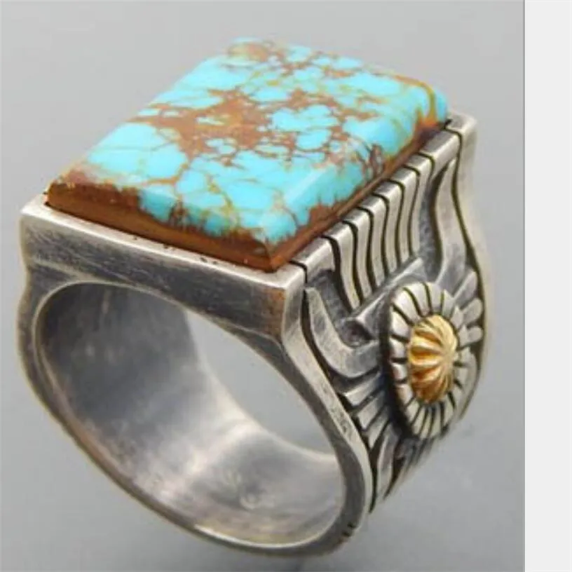 

New retro natural stone two-tone men's ring personalized punk gothic geometric ring wedding party banquet ring