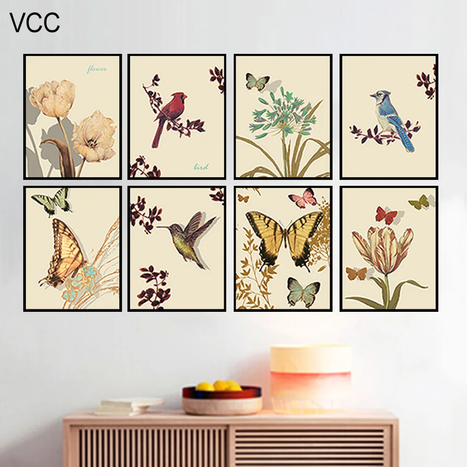 Cuadro Vintage Pintura De Papel De Estilo Acuarela Impresiones De Arte 8 En 1 Decoracion Botanica De Plantas Para Pared Flores Y Pajaros Sin Marco Pintura Y Caligrafia Aliexpress