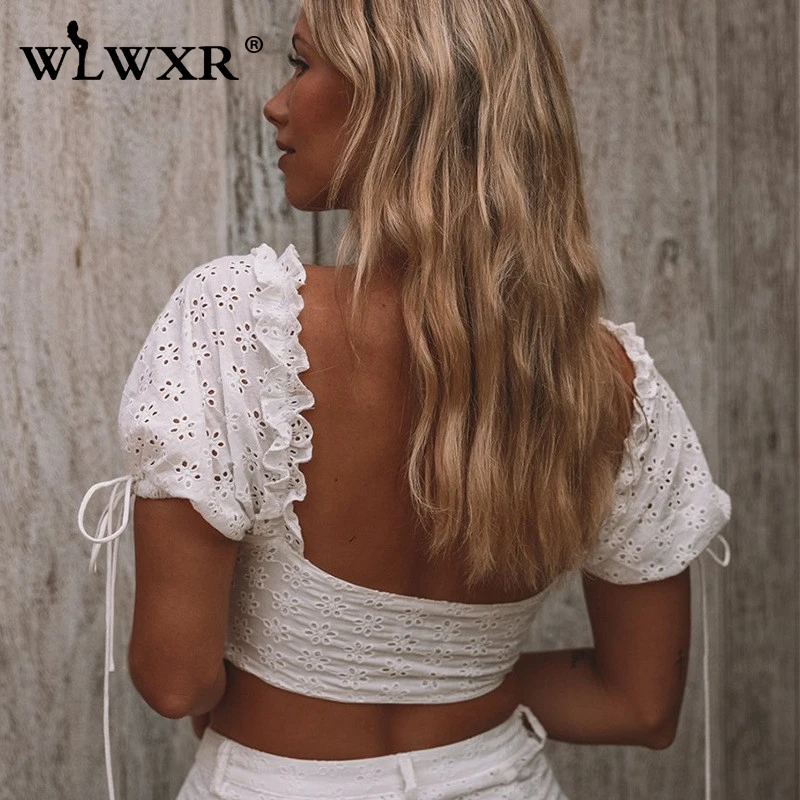 WLWXR Повседневная бандажная белая футболка женская короткий рукав короткий топ сексуальный облегающая футболка с открытой спиной оборки женская футболка