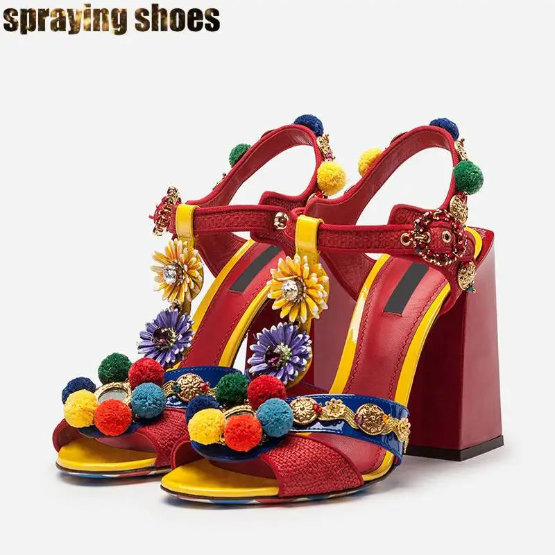 

2019 New Design Bohemia Pompom Women Sandals Chunky High Heel Party Shoes Flowers Balls Decor Crystal Heels Ladies Pumps Red