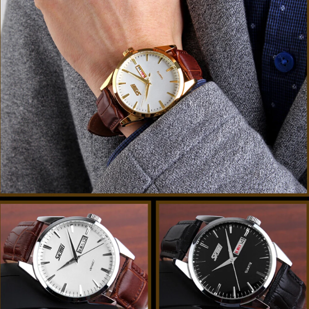 Skmei Gold Dial Watch Steel Men s Quatrz Leather Luxury