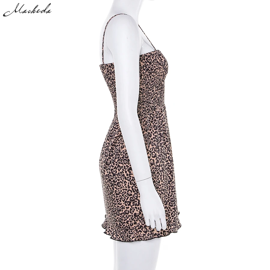Macheda Autumn Leopard Print Mini Dresses Women Fashion Spaghetti Strap Ruffle Sleeveless Casual Short Dresses New