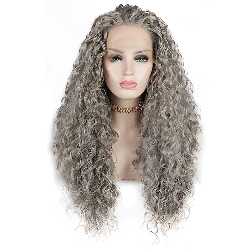 Synthetic Lace Front Wigs For Black Women Silver Grey Hair Heat Resistant Fiber Long Bohemian Curly Frontal Lace Wig