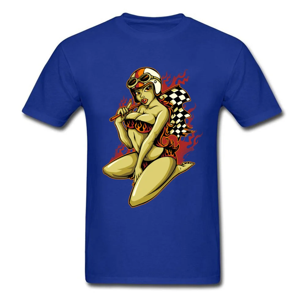 Printed On Tops & Tees Faddish O Neck comfortable Short Sleeve All Cotton Male T-shirts Personalized Tees Free Shipping Hot Pin Up Girl with Racing Flag blue