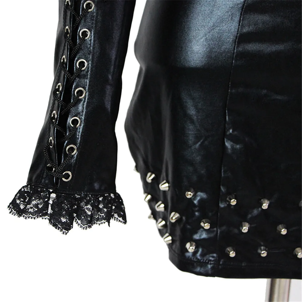 Exotic Apparel Women Lingerie Set Gothic Steampunk Black Rivet Vinyl Leather Bra Mini Skirt Sex Set Club Wear Christmas Lingerie (9)
