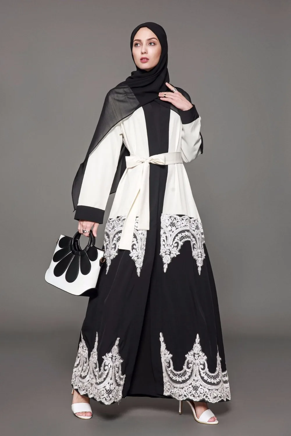 Женское мусульманское платье черно белое лоскутное большого размера 5XL Abaya в