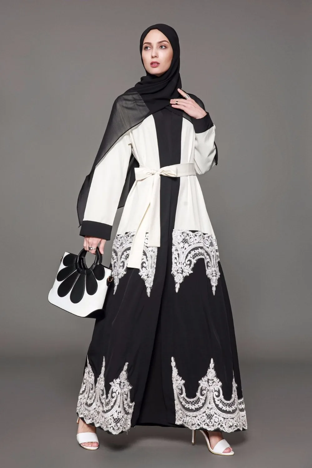 2022 Women Muslim  Dress  Black White Patchwork Plus Size 