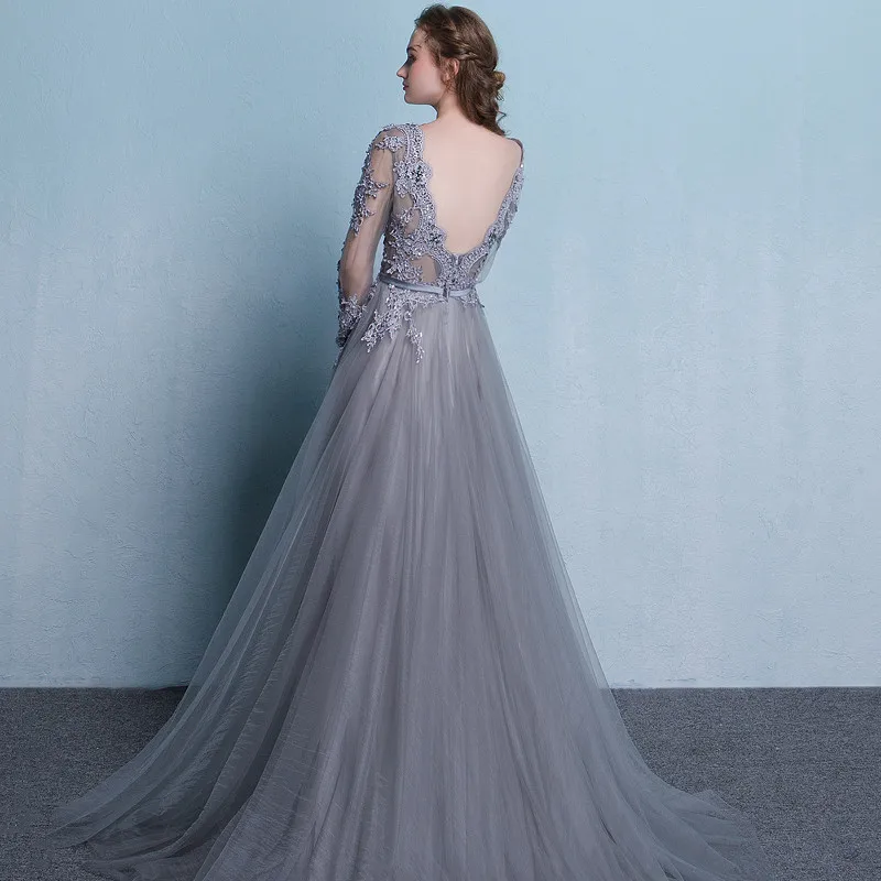 Sexy Backless Evening Dresses Long V Neck Tulle Appliques Beading Party Gowns Evening Gowns Robe De Soiree Sexy Backless Evening Dresses Long V Neck Tulle Appliques Beading Party Gowns Evening Gowns Robe De Soiree